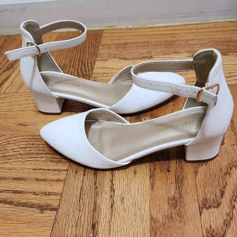 White Ankle Strap Block Heel Shoes